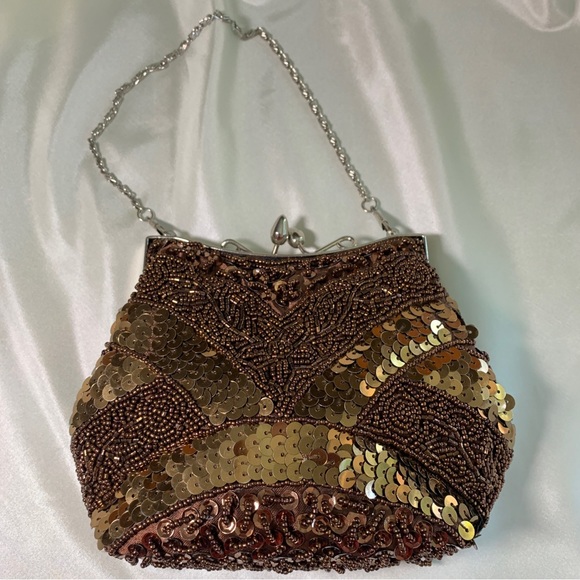 Handbags - Convertible brown sequin & glass beaded vintage bag. Silver hardware and chain.